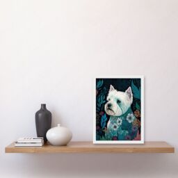 Artery8 West Highland White Terrier in Flowers Dark Multicoloured Linocut Illustration Artwork Framed Wall Art Print A4 - thumbnail 2