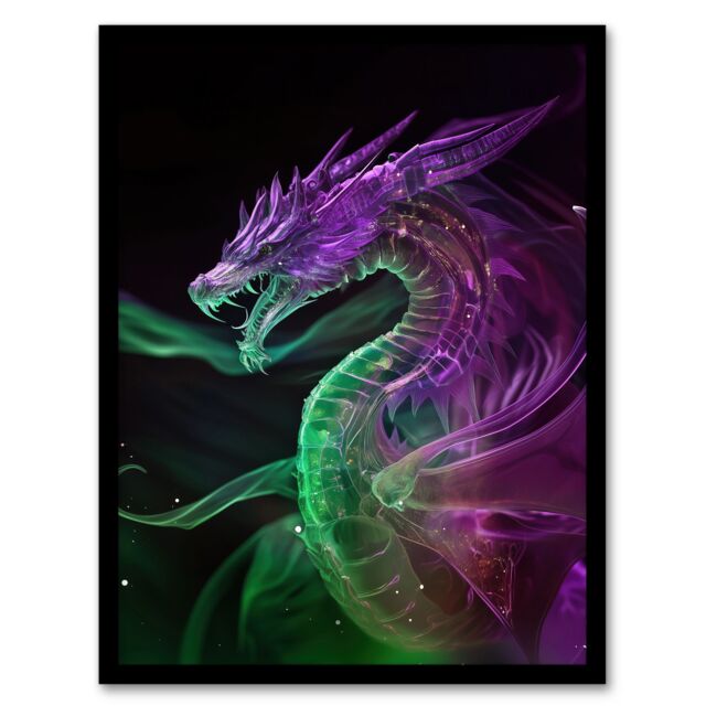 Artery8 Ethereal Dragon Purple Green Fantasy Art Framed Art Print - Size: A4 - image 1