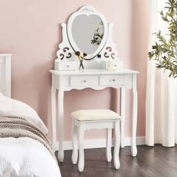 Wyld and Coco Glam White Dressing Table 4 Drawers Heart Mirror and Crystal Handles - thumbnail 1