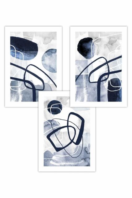 ARTZE Set of 3 Abstract Navy Blue Watercolour Shapes Art Posters - Size: W50 cm x H70 cm - image 1