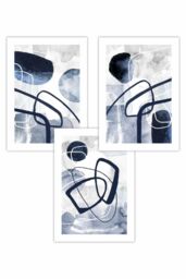 ARTZE Set of 3 Abstract Navy Blue Watercolour Shapes Art Posters - Size: W50 cm x H70 cm - thumbnail 1