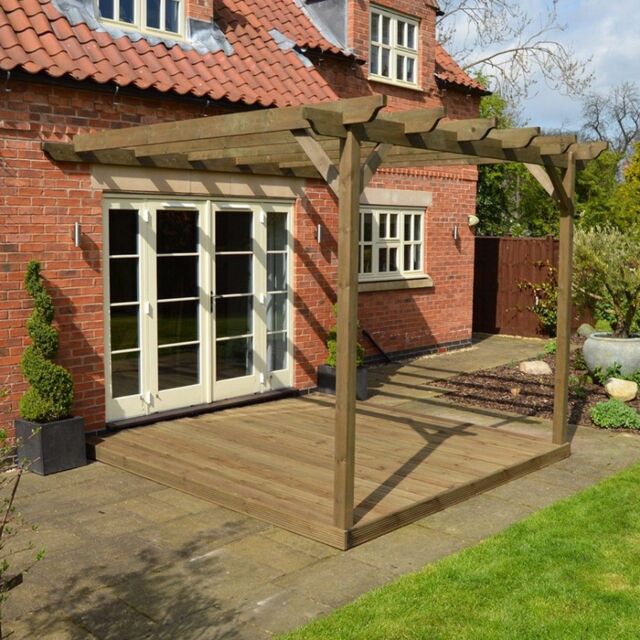 Rutland County Garden Furniture Ltd Wall Mounted Pergola & Decking Kit, L360 x W360 cm, Rustic Brown - image 1