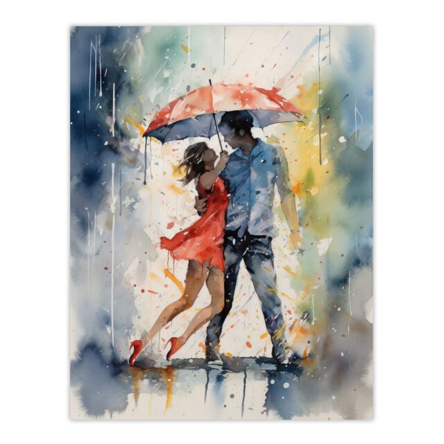 "Artery8 Wall Art Print Dancing In The Rain Watercolour Romance Red Blue Painting Rhythm Body Energy Theatre Arts Artwork Poster - Size: W24"" x H32""" - image 1