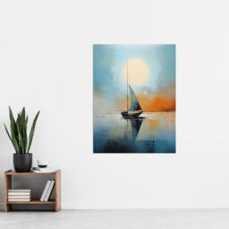 "Artery8 Seascape Modern Abstract Sailboat Boat Artwork Calm Elegant Blue On Orange Extra Large XL Unframed Wall Art Poster Print - Size: W24"" x H32""" - thumbnail 4