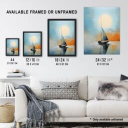 "Artery8 Seascape Modern Abstract Sailboat Boat Artwork Calm Elegant Blue On Orange Extra Large XL Unframed Wall Art Poster Print - Size: W24"" x H32""" - thumbnail 3