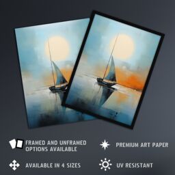 "Artery8 Seascape Modern Abstract Sailboat Boat Artwork Calm Elegant Blue On Orange Extra Large XL Unframed Wall Art Poster Print - Size: W24"" x H32""" - thumbnail 2