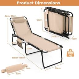 Costway Patio Folding Chaise Lounge Chair Portable Sun Lounger in Beige - thumbnail 2