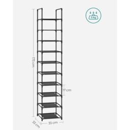 SONGMICS 10-Tier Space Saving Shoe Rack with Metal Frame Non-Woven Shelves in Black - thumbnail 3