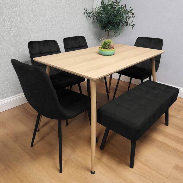 KOSY KOALA Wooden Dining Table Set With 4 Black Velvet Chairs & 1 Bench Set - image 1