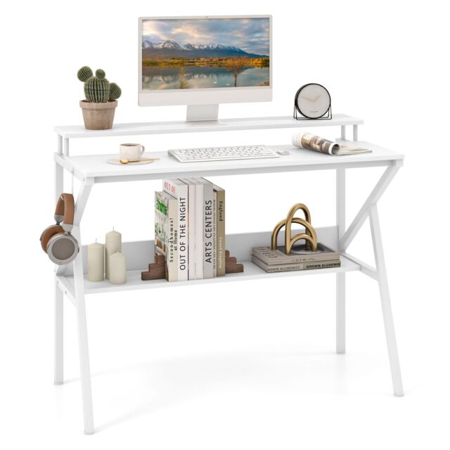 Gymax Desk Office Workstation With Monitor Stand & Open Shelf Metal Frame in White - image 1