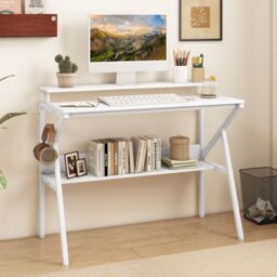 Gymax Desk Office Workstation With Monitor Stand & Open Shelf Metal Frame in White - thumbnail 7