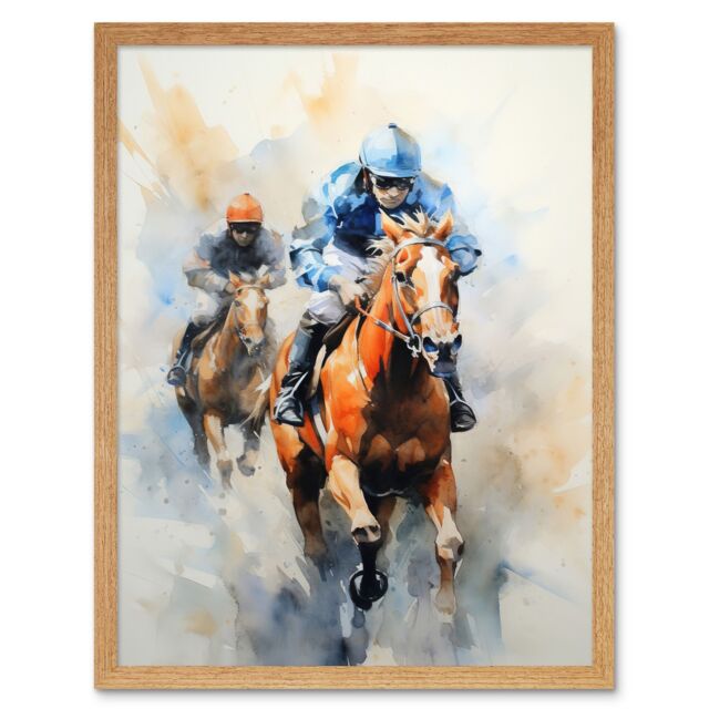 Artery8 Wall Art Print Horseracing Jockeys Racing Horses Action Watercolour Kentucky Derby Grand National Cheltenham Gold Cup Painting Blue Orange - image 1