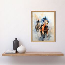Artery8 Wall Art Print Horseracing Jockeys Racing Horses Action Watercolour Kentucky Derby Grand National Cheltenham Gold Cup Painting Blue Orange - thumbnail 2