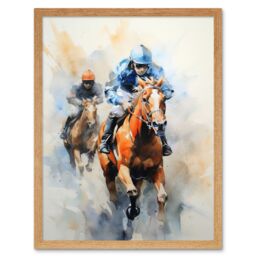 Artery8 Wall Art Print Horseracing Jockeys Racing Horses Action Watercolour Kentucky Derby Grand National Cheltenham Gold Cup Painting Blue Orange - thumbnail 1
