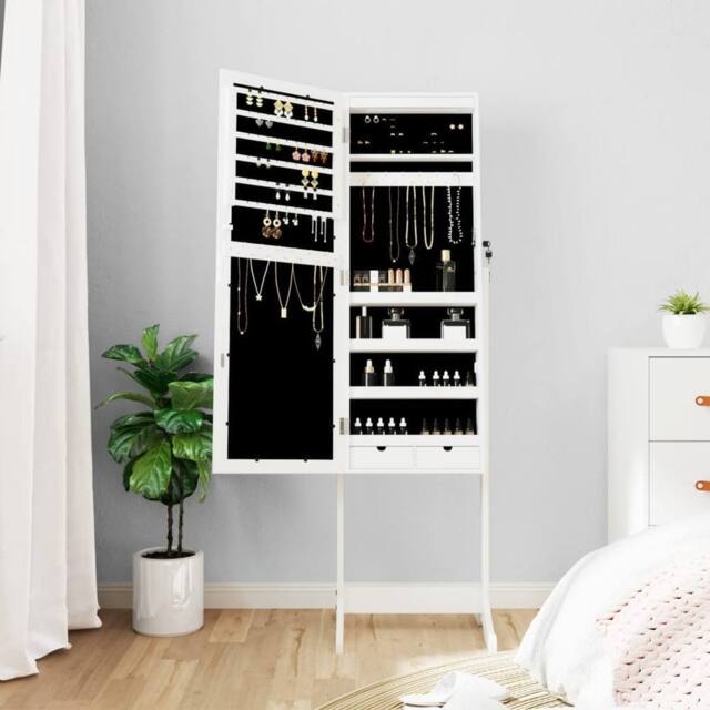 Berkfield Home Mirror Jewellery Cabinet with LED Lights Free Standing White - image 1
