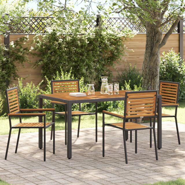 Berkfield Home 5 Piece Garden Dining Set Black Poly Rattan Acacia - image 1