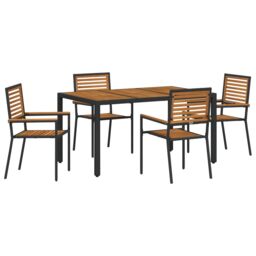 Berkfield Home 5 Piece Garden Dining Set Black Poly Rattan Acacia - thumbnail 2