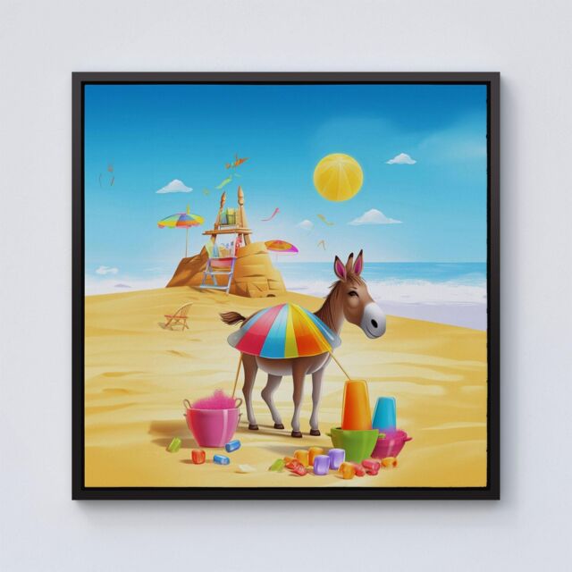 "Warren Reed - Designer Donkey On A Beach Holiday Framed Canvas in Black - Size: W30"" x H30""" - image 1