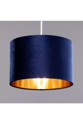 CGC Lighting 'Nila' Luxury Navy Blue Velvet & Gold Inner Round Pendant Drum Ceiling Lamp Shade - thumbnail 2