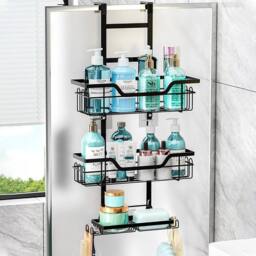 KORVIXA 3 Tiers Metal Over Door Shower Screen Hanging Caddy Rack in Black - Size: 180 cm width x 180 cm drop - thumbnail 4
