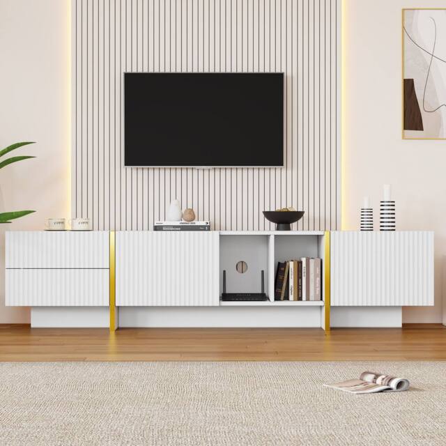 Merax TV Stand for TVs up to 85 Inch, Media Console with Drawers & Shelves in White - image 1