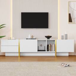 Merax TV Stand for TVs up to 85 Inch, Media Console with Drawers & Shelves in White - thumbnail 1