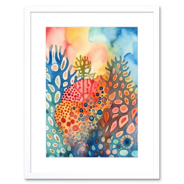 "Artery8 Wall Art Print Coral Reef Folk Art Watercolour Painting Artwork Framed 9X7 Inch in White - Size: W7"" x H9""" - image 1