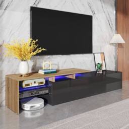 BTM Modern TV Stand with Wood Look, Glass Shelves & LED Lighting in Natural - thumbnail 7