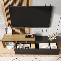 BTM Modern TV Stand with Wood Look, Glass Shelves & LED Lighting in Natural - thumbnail 8