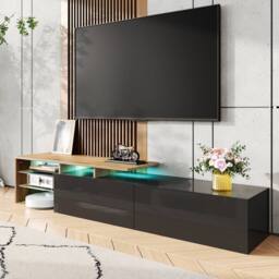 BTM Modern TV Stand with Wood Look, Glass Shelves & LED Lighting in Natural - thumbnail 2