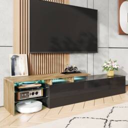 BTM Modern TV Stand with Wood Look, Glass Shelves & LED Lighting in Natural - thumbnail 4