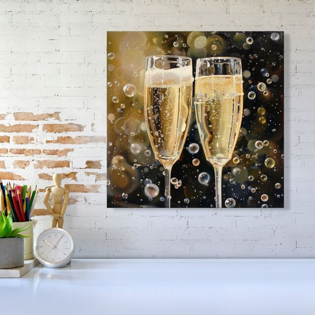 Warren Reed - Designer Splashart Bubbly Champagne Flues Canvas in Yellow - Size: w10 inch x h10 inch - image 1
