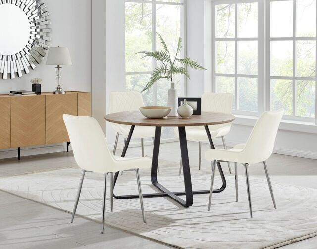 FurnitureboxUK Santorini Brown Round Dining Table & 4/6 Pesaro Silver Leg Chairs in Cream - image 1