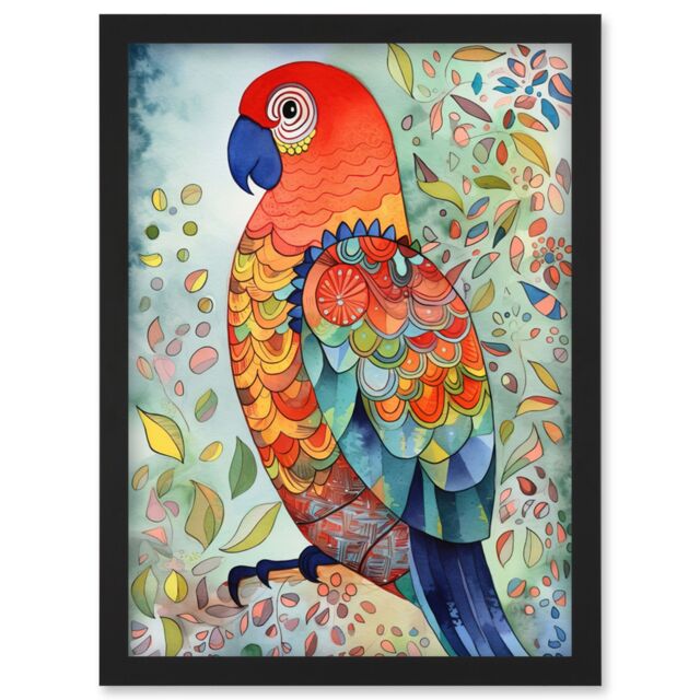 Artery8 Parrot Bird Portrait Folk Art Watercolour Painting Artwork Framed Wall Art Print A4 in Black - image 1