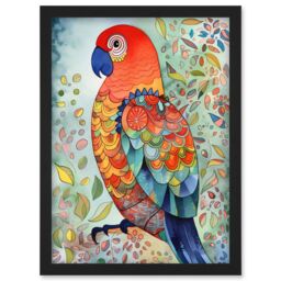 Artery8 Parrot Bird Portrait Folk Art Watercolour Painting Artwork Framed Wall Art Print A4 in Black - thumbnail 1