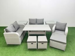 Fimous High Back Poly Rattan Garden Furniture Set w/ Reclining Chair Loveseat Sofa Rectangular Dining Table Indoor Outdoor Patio Set 3 Stools 2 Side - thumbnail 2