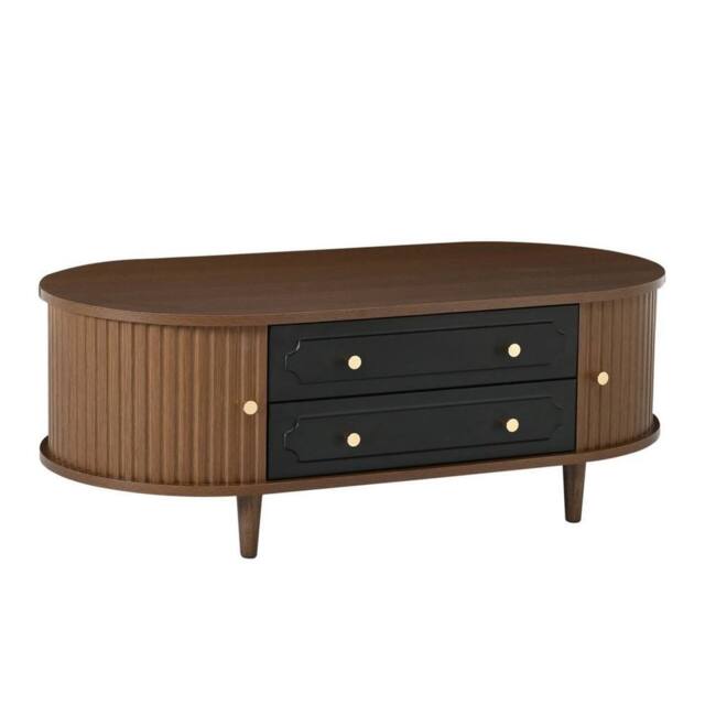 KORVIXA Walnut Black Oval Coffee Table Sliding Doors 2 Drawers Storage in Brown - Size: 100 cm x 100 cm - image 1