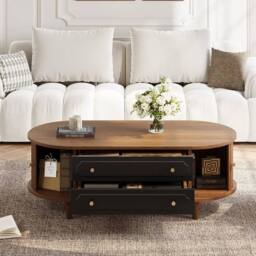 KORVIXA Walnut Black Oval Coffee Table Sliding Doors 2 Drawers Storage in Brown - Size: 100 cm x 100 cm - thumbnail 3