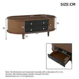 KORVIXA Walnut Black Oval Coffee Table Sliding Doors 2 Drawers Storage in Brown - Size: 100 cm x 100 cm - thumbnail 2