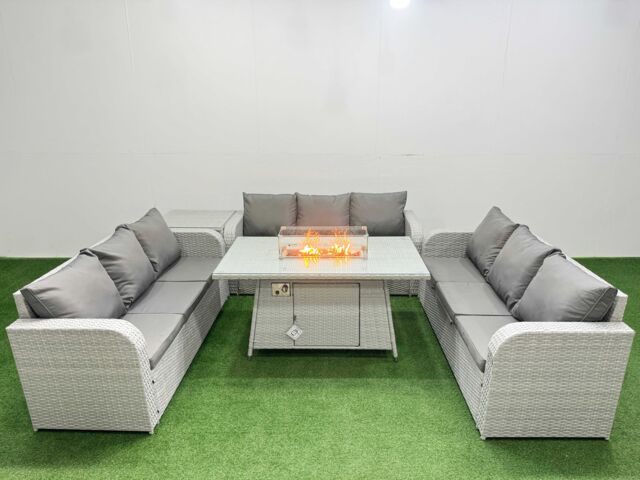 Fimous PE Rattan Lounge Sofa Set 9 Seater Outdoor Garden Furniture Set with Firepit Dining Table 3 Seater Sofa Side Table Light Grey - image 1