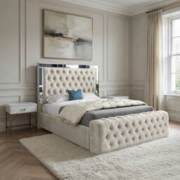 Casani Loweswater Mirror Upholstered Beige Soft Velvet Designer Bed Frame in Cream - Size: Small Single