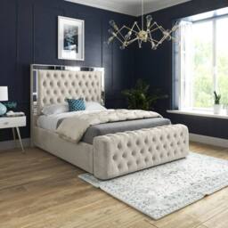 Casani Loweswater Mirror Upholstered Beige Soft Velvet Designer Bed Frame in Cream - Size: Small Single - thumbnail 2