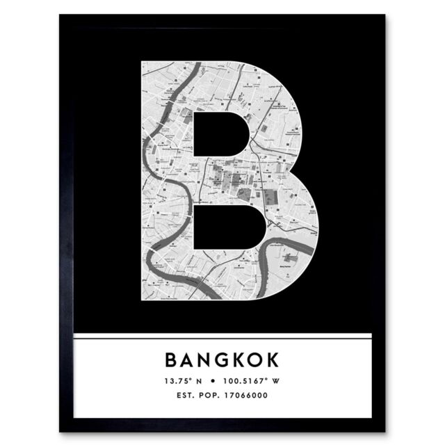 "Wee Blue Coo Wall Art Print Bangkok Thailand City Map Modern Typography Stylish Letter Framed Word in Black - Size: W12"" x H16""" - image 1
