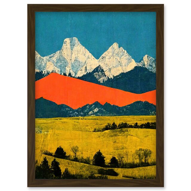 Artery8 Winter Mountains Landscape Modern Papercut Blue Orange Mustard Artwork Framed Wall Art Print A4 in Brown - image 1