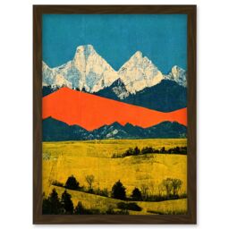 Artery8 Winter Mountains Landscape Modern Papercut Blue Orange Mustard Artwork Framed Wall Art Print A4 in Brown - thumbnail 1