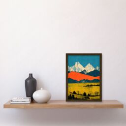 Artery8 Winter Mountains Landscape Modern Papercut Blue Orange Mustard Artwork Framed Wall Art Print A4 in Brown - thumbnail 2
