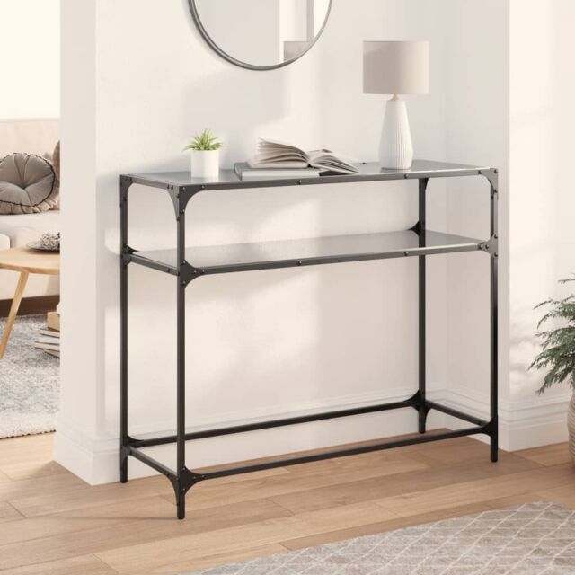 Berkfield Home Console Table with Black Glass Top98x35x81 cm Steel - Size: 98 x 35 x 81 cm - image 1