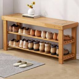 VOGREX Bamboo 3 Tier Shoe Storage Bench Hallway Organiser in Beige - thumbnail 3