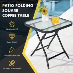 Costway Folding Square Patio Bistro Table Tempered W/ Glass Tabletop Outdoor Coffee Table in Black - thumbnail 3