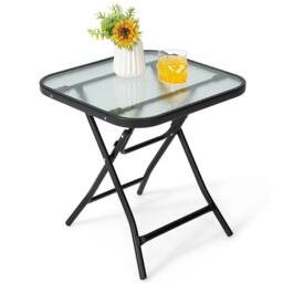 Costway Folding Square Patio Bistro Table Tempered W/ Glass Tabletop Outdoor Coffee Table in Black